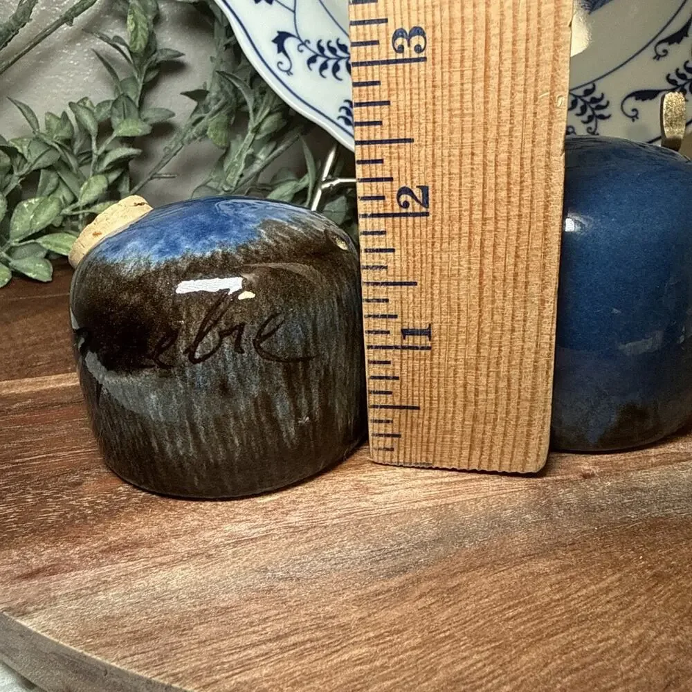 Spanish Studio Pottery SAL PEBRE Salt Pepper Shakers Blue Drip Glaze Vintage